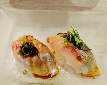 Close-up of sushi served in plate