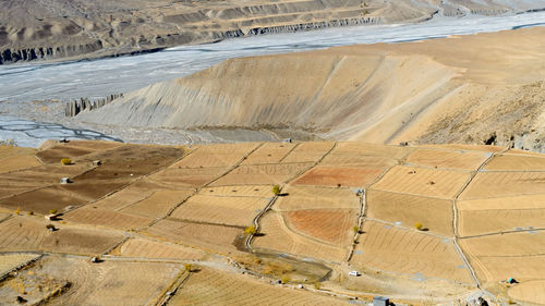 Himalaya mountain spiti valley landscape.. kaza town, himachal pradesh hill state india. aerial view