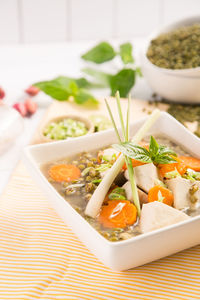 Close-up of salad in bowl on table