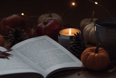 Close-up of candles on table