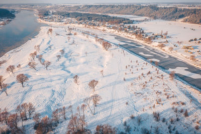 High angle view of snow covered land