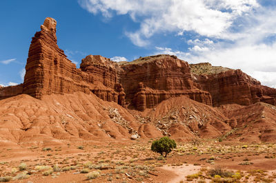 Rock formations on landscape against cloudy sky