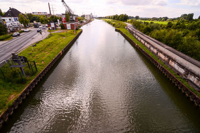 High angle view of canal in city