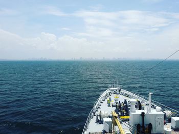 High angle view of ship sailing in sea against sky