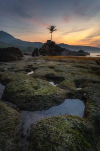 Scenic view of land against sky during sunset