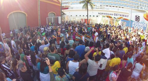 High angle view of people standing on street