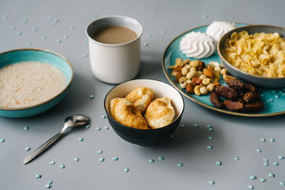 High angle view of breakfast served on table