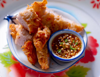 High angle view of meal served on table