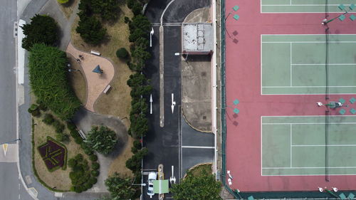 High angle view of road by building