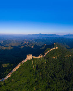 Aerial view of the great wall under the blue sky