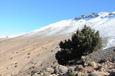 Scenic view of snowcapped mountains against clear blue sky