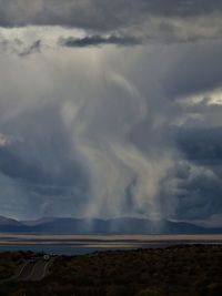 Scenic view of landscape against storm clouds