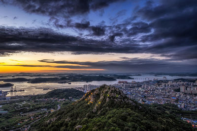 High angle view of townscape against sky during sunset