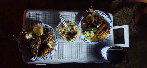 High angle view of meal served on table