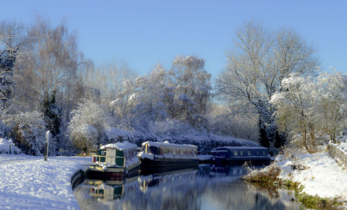 View of frozen lake against clear sky