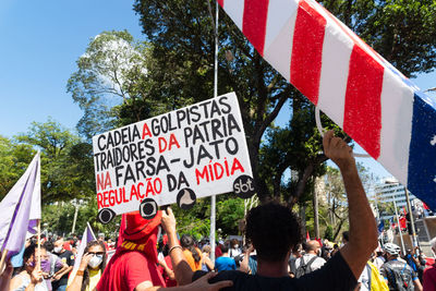 Brazilians protest with banners and posters against the government of president jair bolsonaro 