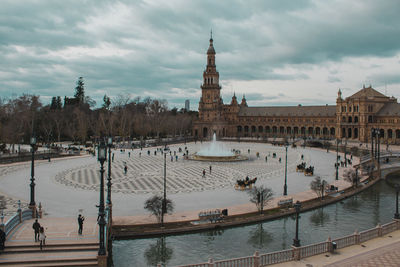 High angle view of buildings against cloudy sky