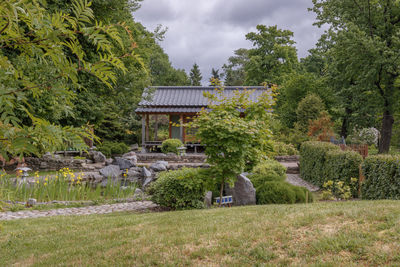 House on field by trees against sky