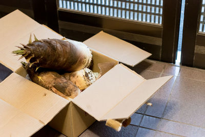 High angle view of food in box on table