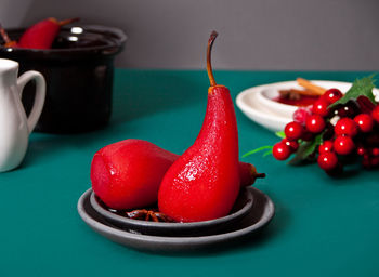 Close-up of strawberries in plate on table