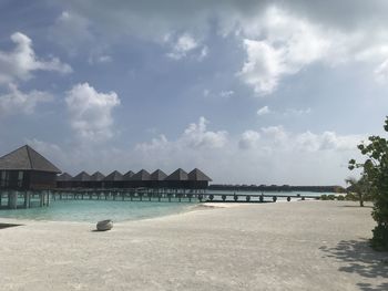 Scenic view of beach by sea against sky