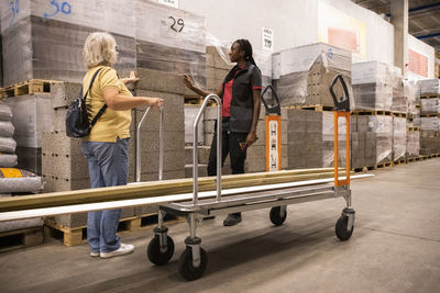 Female customer near cart talking with sales staff at hardware store