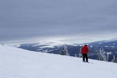 Rear view of person on snowcapped mountain against sky