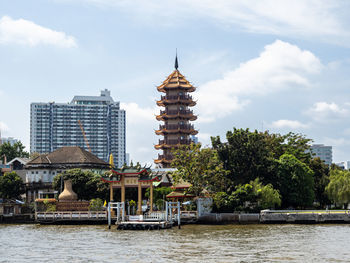 Chinese chee chin khor temple seen from the chao phraya river in bangkok, thailand.