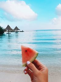 Cropped hand holding fruit on beach against sky