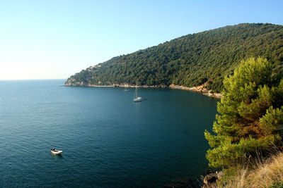 High angle view of sea against clear blue sky