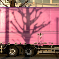 View of pink truck on road