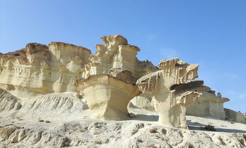 Low angle view of rock formations against blue sky