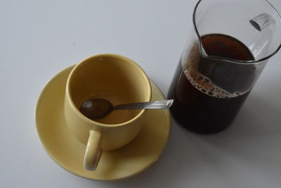 High angle view of coffee cup on table