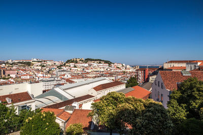 High angle view of townscape against blue sky