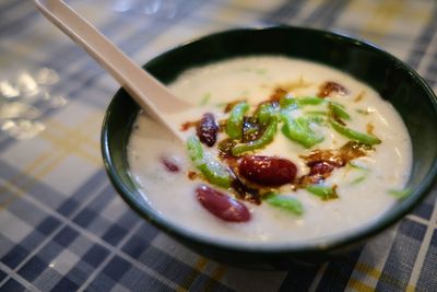 High angle view of salad in bowl on table