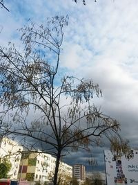 Low angle view of bare trees against cloudy sky