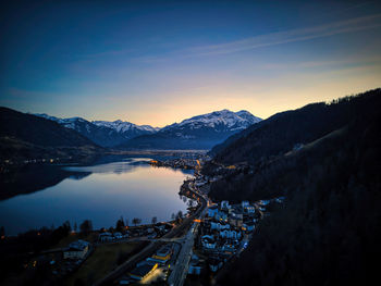 High angle view of townscape against sky during sunset