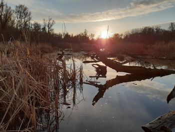 Scenic view of lake against sky during sunset