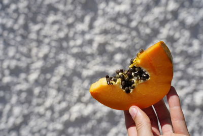 Close-up of hand holding orange