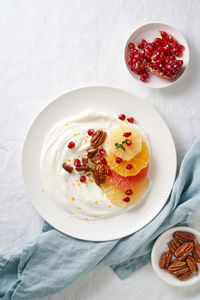 High angle view of breakfast served on table