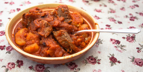 High angle view of meat in bowl on table