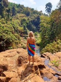 Rear view of woman standing on rock in forest