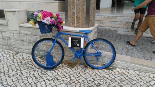 Low section of person with bicycle on flower