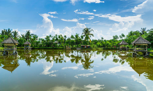 Huts on a quiet balinese lake with palm trees. reflections on the water