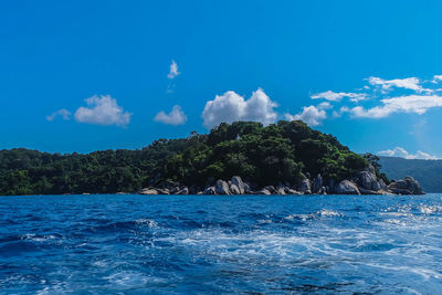 Scenic view of sea against blue sky