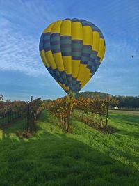 Hot air balloon flying over field against sky