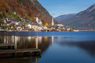 Scenic view of lake by buildings in town