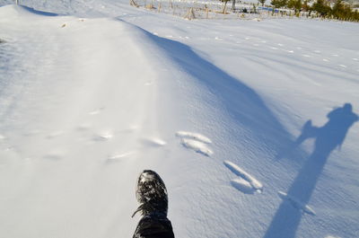 High angle view of people on snow covered field