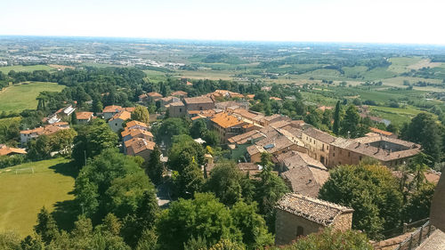 High angle view of trees on landscape against sky