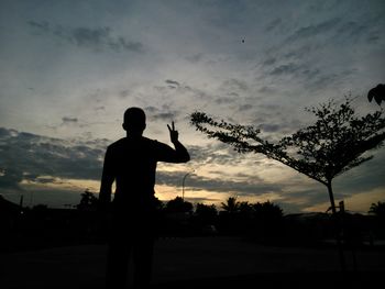 Rear view of silhouette man standing by tree against sky during sunset